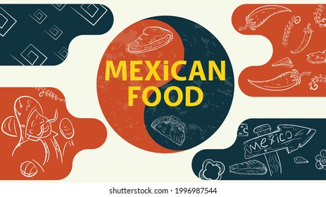 Illustration sketch for design balance sign with the inscription Mexican food, man with maracas road sign hot chili pepper