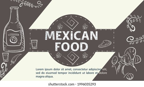 Illustration sketch for the design in the center of the circle is the inscription Mexican food, a Mexican man with maracas and a bottle of tequila drink, on a coffee background