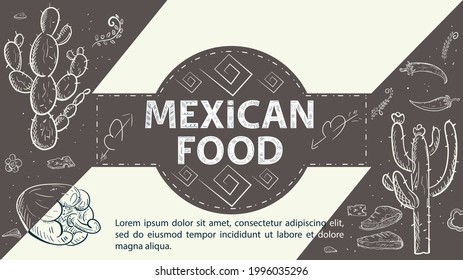 Illustration sketch for the design, in the center of the circle the inscription Mexican food, Cacti sweet and hot pepper coffee color