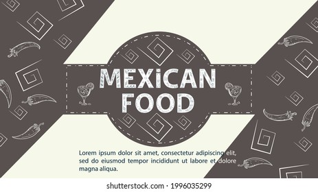 Illustration sketch for the design in the center of the circle the inscription Mexican food, hot chili pepper, glasses with drinks on a coffee background