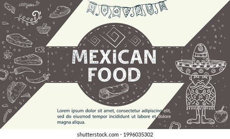 Illustration sketch for the design in the center of the circle is the inscription Mexican food, a Mexican in a poncho and sombrero, a tortilla with a burrito, hot chili pepper on a coffee background