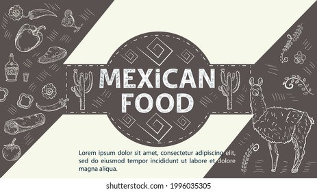 Illustration sketch for the design in the center of the circle the inscription Mexican food, Alpaca or llama animal, cactus plant, burrito tequila drink