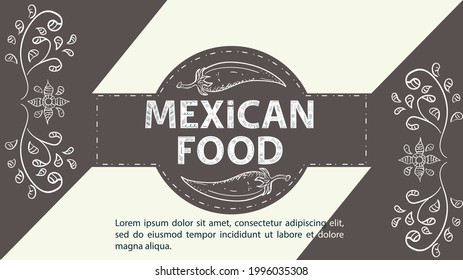 Illustration sketch for the design in the center of the circle the inscription Mexican food, chili pepper floral ornament on a coffee background