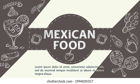 Illustration sketch for the design in the center of the circle the inscription Mexican food, chili pepper, a glass with a drink, maracas and cacti coffee background