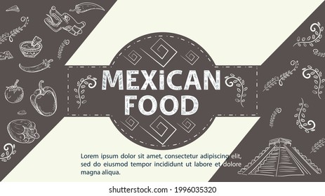 Illustration sketch for the design in the center of the circle is the inscription Mexican food, a pyramid of Indians, chili pepper and sweet pepper sprigs of plants, on a coffee background