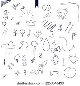 Illustration of sketch doodles. Abstract arrows, ribbons and other hand drawn style elements for design, background, textures.