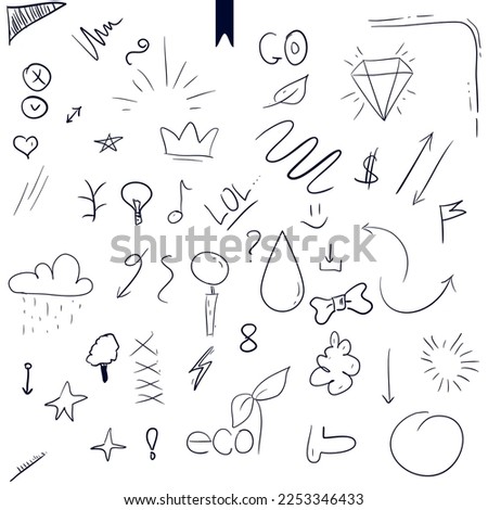 Illustration of sketch doodles. Abstract arrows, ribbons and other hand drawn style elements for design, background, textures.