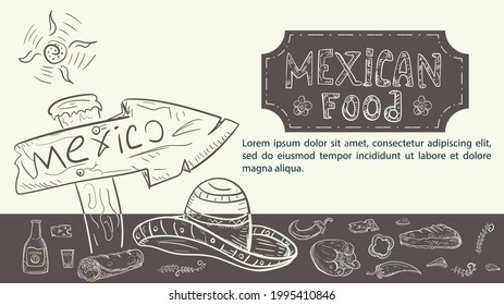 illustration sketch drawn by hand, for a design on the theme of Mexican food, road sign hat sombrero drink tequila burrito and pepper