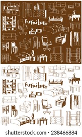 illustration sketch of furniture for different rooms in the white and brown background