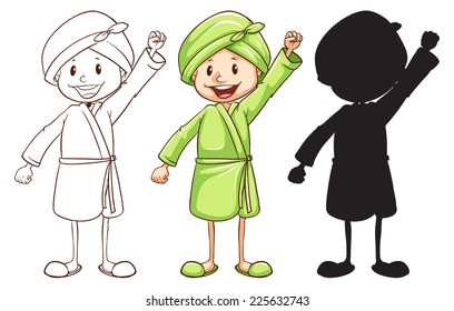 Illustration of a sketch of a girl after taking a bath in three colours on a white background 