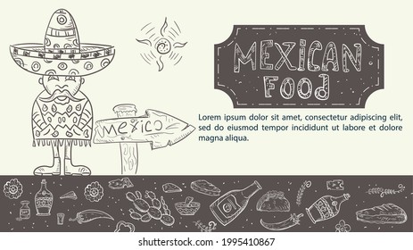 illustration sketch hand drawn for design, on the theme of Mexican food, a Mexican standing next to a road sign, pepper, drink tequila tortilla taco and burrito
