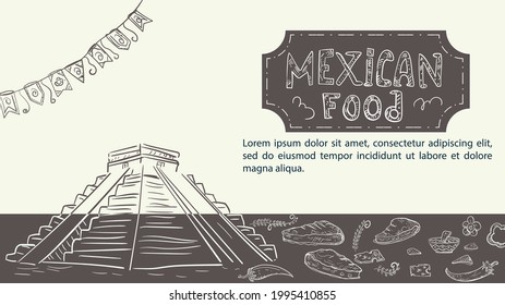 Illustration sketch hand-drawn for design, on the theme of Mexican food, Pyramid of Indians tortillas tacos and burritos hot pepper tomato