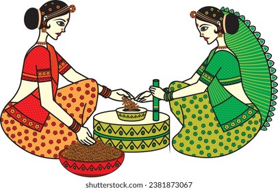 Illustration, sketch of an Indian woman. Indian Grain Milling illustration. Indian Chakki with womens