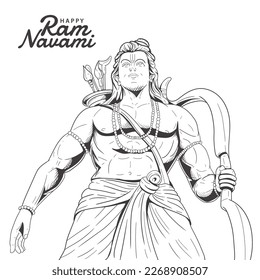 illustration sketch of Lord Rama with bow arrow. Happy Ram Navami