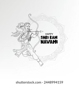 Illustration Sketch of Lord Rama with bow arrow with english Shree Ram Navami celebration background for mandala Illstration.