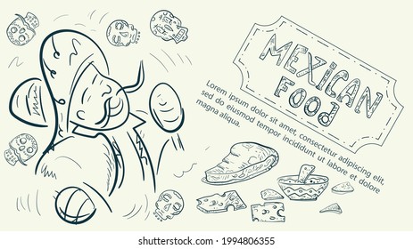Illustration sketch made in the style of a doodle drawn by hand for a design on the theme of Mexican national food, a Mexican in national clothes with maracas skulls and hot sauce