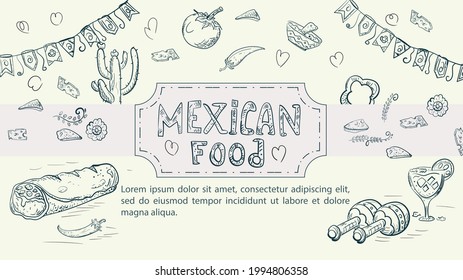 Illustration sketch made in the style of doodle, hand-drawn for design on the theme of Mexican national food, burrito dish chili pepper cacti maracas