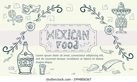 Illustration sketch made in the style of doodle hand drawn for design on the theme of Mexican national, food man Mexican in national clothes drink tequila pepper