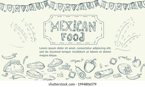 Illustration sketch made in the style of a doodle hand drawn for a design on the theme of Mexican national food, taco tortillas and burritos hot pepper tomato