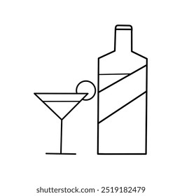 Illustration sketch of a martini glass cocktail drink with a slice of orange garnish on the edge of the glass and next to it is the bottle of the drink.