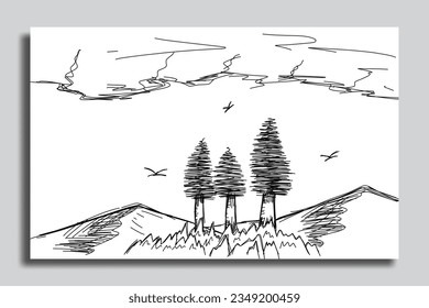 illustration sketch of a mountain view, with views of mountains and trees
