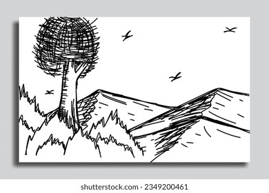 illustration sketch of a mountain view, with views of mountains and trees