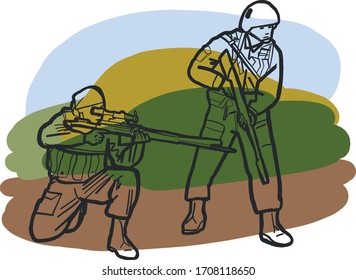 illustration of a sketch on the theme of war and the army. Victory day, the brave military in the war with weapons