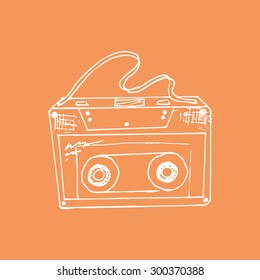 Illustration. Sketch. Orange background with music cassette.