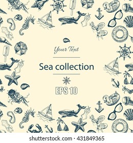 Illustration sketch - Sea collection.
seahorse, sea horse, hippocampus, starfish, sea star, whale, shrimp, prawn, crab, jellyfish, seashell,  anchor, helm, sunglasses, swim ring, mask, flip-flop, ship