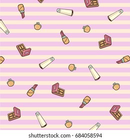 (illustration) sketch seamless pattern of makeup accessories on white