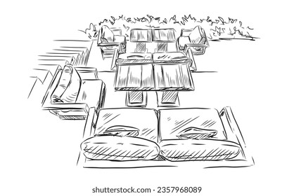 Illustration Sketch Sofa, comfortable chair, center table along  steps of the stairs Outdoor style.