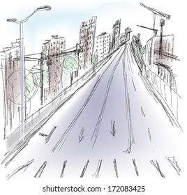 illustration with sketch of street in city