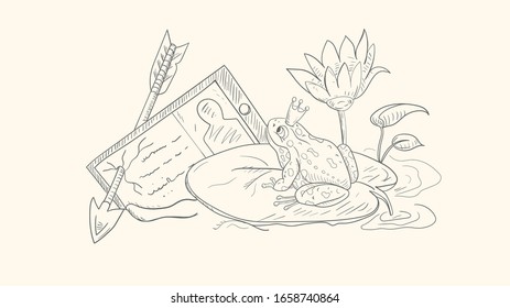 illustration in sketch style outline, a frog in a crown, sitting and looking at a tablet, on a leaf of a water Lily among Lotus flowers vector EPS10