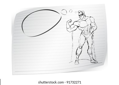 illustration of sketch of super hero with chat bubble on paper