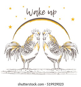 Illustration - sketch two rooster. Chicken birds are standing on a tree branch. Dawn sun and star. Wake up. Graphics, handmade drawing cocks. Vintage engraving style.