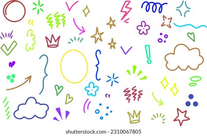 Illustration of Sketch underline, emphasis, arrow shape set. Hand drawn brush stroke,  sparkle element, highlight, speech bubble, swirl swoosh, love.Vector set cute cartoon expression sign doodle line