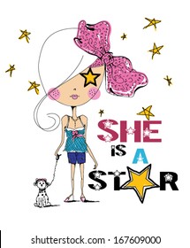 illustration sketch and vector girl with t shirt print