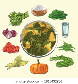Illustration sketch and vector style of gule rampoe and ingredients khas aceh,Indonesia. Good to use for restaurant menu, Indonesian food recipe book and food content.