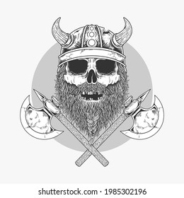 illustration sketch viking skull with two crossed axe,premium vector