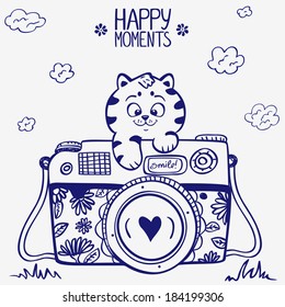 illustration sketch vintage retro photo camera with cute kitten