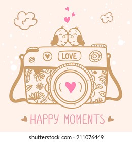 illustration sketch vintage retro photo camera with cute birds