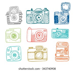 Illustration sketch vintage retro photo cameras set