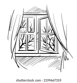 Illustration - sketch of a window with curtains. Vector illustration with trees outside the window