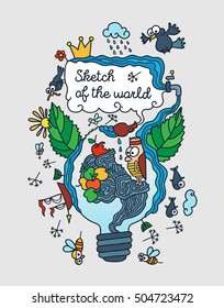 Illustration Sketch of the world. Image imaginary inner world of man as a light bulb. The figure shows the leaves, dolphins, birds, insects, apples, trees, sun, rain, river, ship and others.