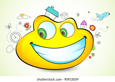 illustration of sketches around glossy frog headed smiley