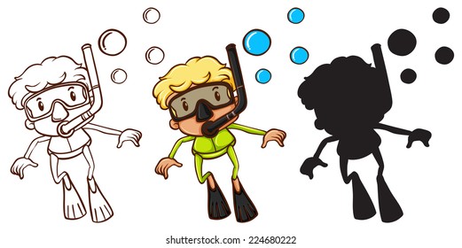 Illustration of the sketches of a boy snorkeling in three different colors on a white background 