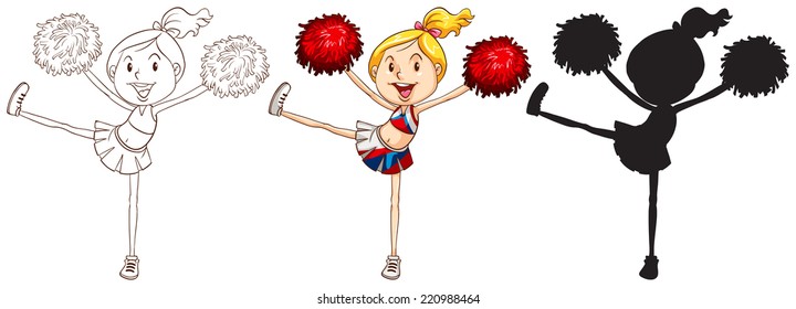 Illustration of the sketches of a cheerdancer in different colours on a white background 