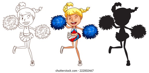 Illustration of the sketches of a cheerdancer in different colours on a white background 
