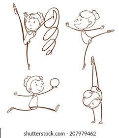 Illustration of the sketches of a girl doing gymnastics on a white background