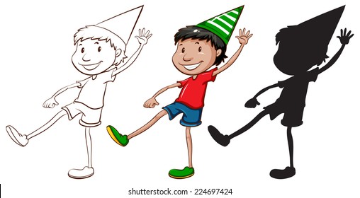 Illustration of the sketches of a happy boy in three colours on a white background  